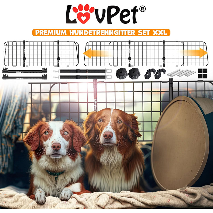 Lovpet® захисна решітка для авто для собак, універсальна розсувна перегородка в багажник, 30×91-153 см, із 2 ременями безпеки, чорна