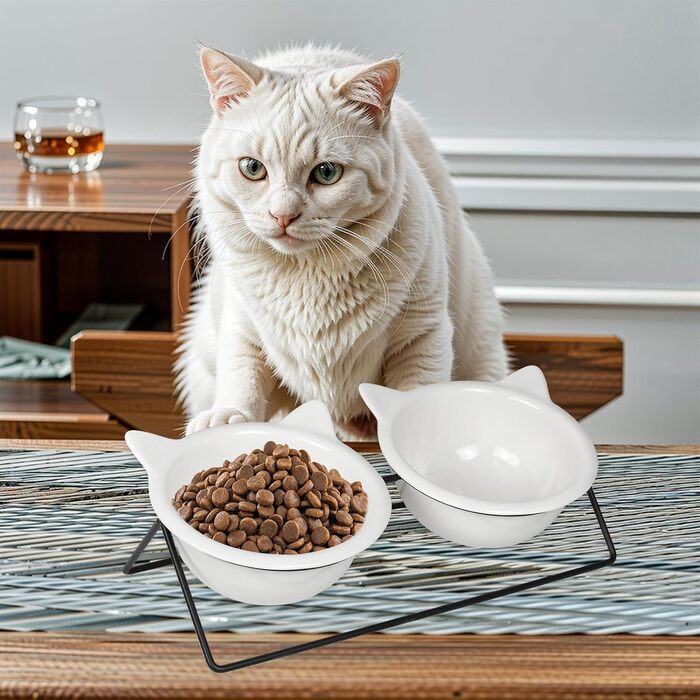 Набір з 2 керамічних мисок для котів, нахил 15°, протиковзкий, для води, вологого та сухого корму, ласощів, ідеально для котів та маленьких собак