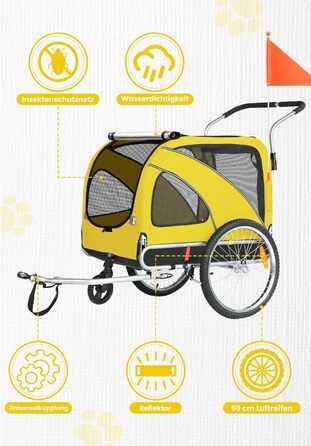 SEPNINE® Причіп для собак XL 2-в-1, велосипедний та візок для собак до 40 кг, складний з гальмами та зчіпним пристроєм, для середніх та великих собак - Синій (Жовтий - до 40 кг)