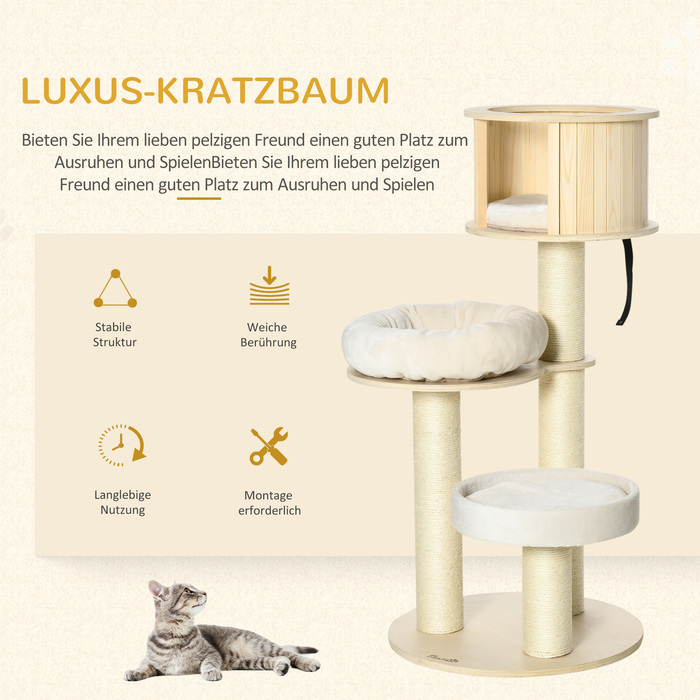 PawHut Cat Tree with Cat Cave висотою 122см, три рівня, дерево, стовбури з сизалю, ігрові м'ячі для активних котів