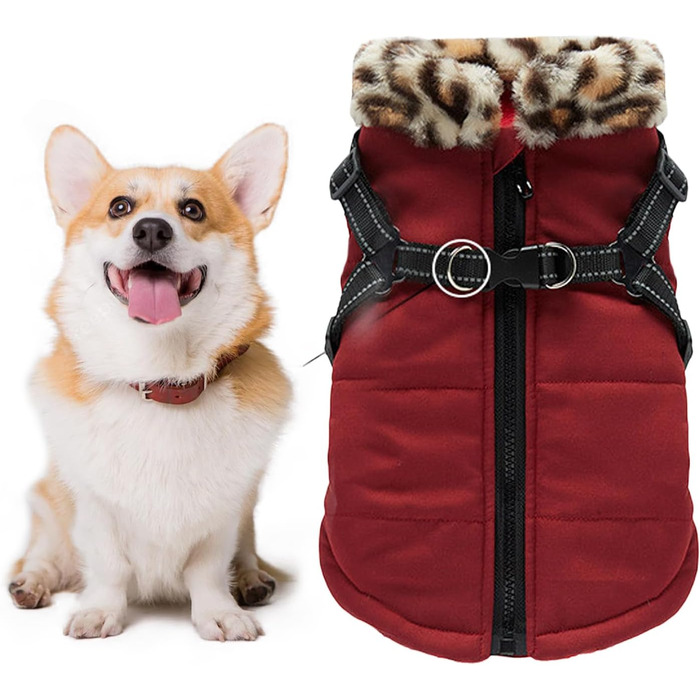 Зимовий теплий жилет для собак з інтегрованим шлейкою, водонепроникний, відбиваючий | для малих, середніх та великих собак (Бургунді)