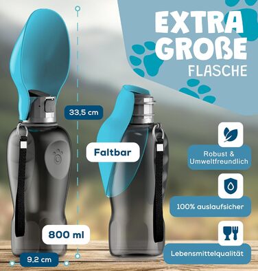 Набір для собак 2 шт: велика складана пляшка для води 800 мл та щітка для зубів | Пляшка для собак преміум-якість, блакитна, 800 мл