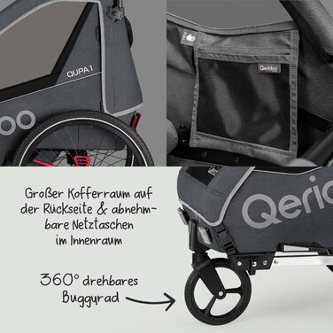 Причіп для велосипеда Qeridoo QUPA 1 з листковою підвіскою, складною кабіною, розширюваним сидінням, візок-причіп, регульована ручка, 5-точкова система ременів безпеки, для 1 дитини (Сірий)