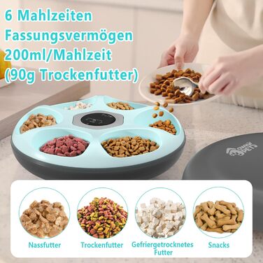 Ownpets Автоматична годівниця для котів і малих собак на 6 порцій, для вологого та сухого корму, з 2 охолоджувачами, програмований автогодівник