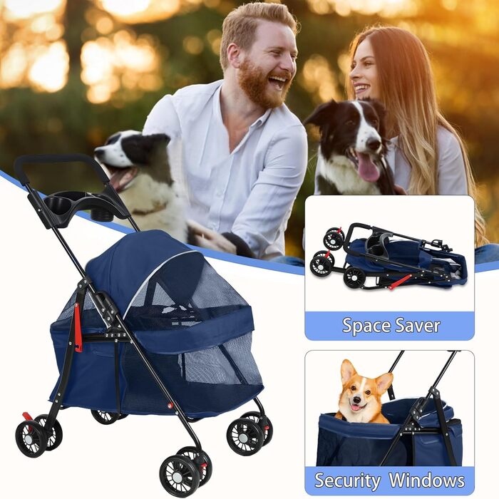 Дитяча коляска для домашніх тварин на 4 колесах для собак та котів, складана, з тримачем для напоїв, дихаючим сітковим вікном, портативна переноска для тварин (Блакитна)