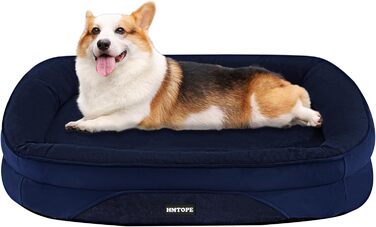 Ортопедичне ліжко для собак, диван-софа з підголовником, кошик для собак з неслизьким дном, знімний та пральний, для маленьких та середніх собак, 90 x 71 x 15 см, темно-синій
