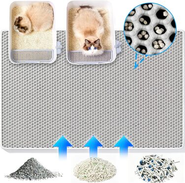 Килимок для котячого туалету 90x60 см, двошаровий, нековзний, з дизайном стільових сот, EVA матеріал, сірий