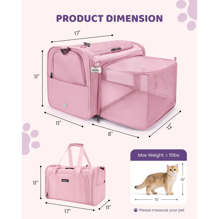 MIDOG Сумка-переноска для котів та маленьких собак, м'яка, TSA-сертифікована, для подорожей літаком, під сидіння, з розширеним простором, надійні застібки, оливковий/листяний колір