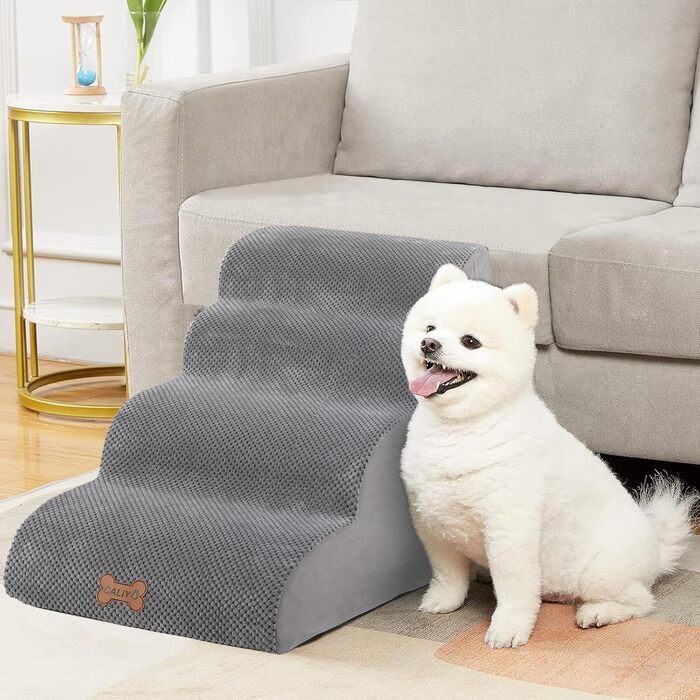 Сходинки для собак Caliyo, 3/4 сходинок, для маленьких собак, з високощільним губчастим матеріалом, знімний чохол та антиковзаюче покриття (60 x 40 x 40 см, сірий)