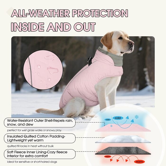 Водонепроникний зимовий теплий одяг для собак середніх порід QBLEEV з інтегрованим шлейкою та світловідбиваючими елементами, рожевий