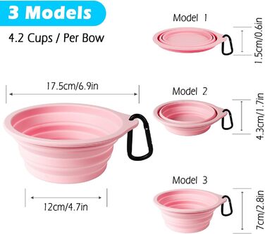 Складні миски для собак PetBonus, 2 шт. Силіконові дорожні миски для води та їжі для собак та котів, з карабіном (Сірий, Кремово-рожевий), 1000 мл