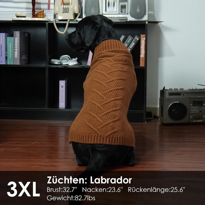 Теплий пуловер для собак великих порід (Лабрадор) з бавовни, карамельного кольору, 4XL XXXXL
