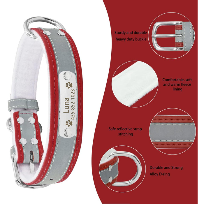 Персоналізоване світловідбиваюче нашийник та поводок для собак Senristar з гравіюванням, для малих, середніх та великих собак та котів (XL, ширина 3,0 см, обхват шиї 45-55 см), червоний комплект