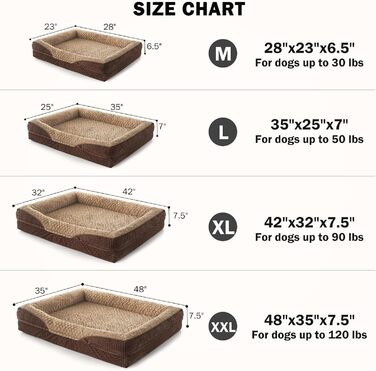 Ортопедичне ліжко для собак великих порід від INVENHO, велике (35'x 25'x 7'), коричневе, з пам'яті ефекту, водонепроникне, знімний, миючий чохол