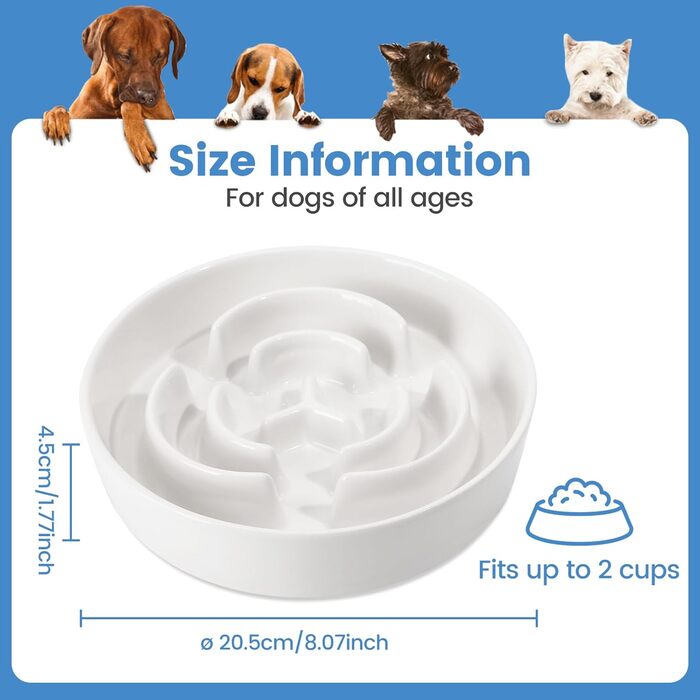Антислизька годівниця для собак, Slow Feeder, кераміка, Ø 20.5 см, для середніх та великих собак, миюча, безпечна для їжі (біла)
