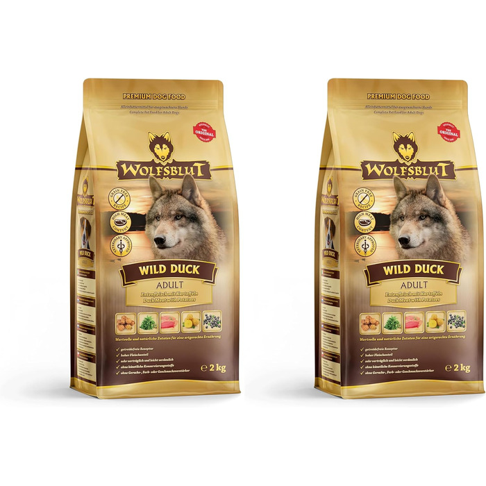 Сухий корм для дорослих собак WOLFSBLUT Adult з качкою (Wild Duck), беззерновий, з суперфудами, 12.5 кг (набір 2х2 кг)