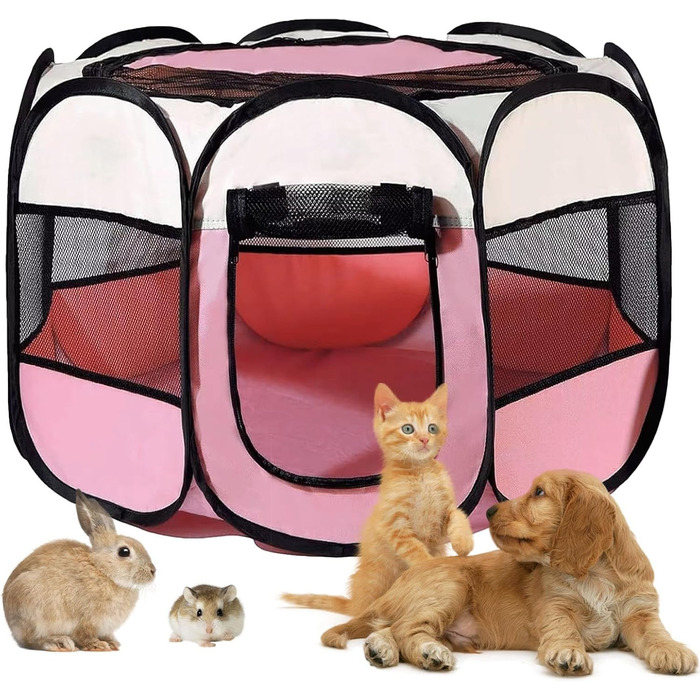Клітка-бігове подвір'я для тварин BRIMOREA, 74x74x43 см, рожева. Підходить для собак, котів, кроликів та інших дрібних тварин, для дому та вулиці.