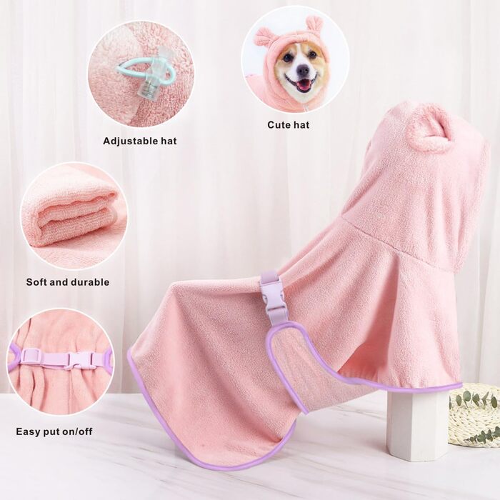 Рушник для собак Mosucoirl: швидковисихаючий, з капюшоном, з мікрофібри, рожевий