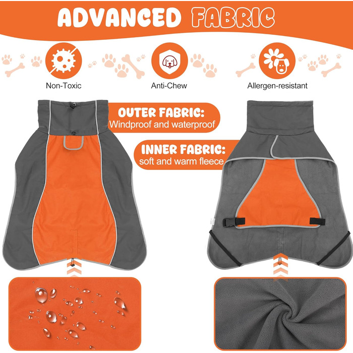 Водонепроникна куртка для собак, світловідбиваюча, вітрозахисна, тепла зимова куртка з м'яким флісовим підкладкою для собак маленьких та великих порід, для активного відпочинку, кемпінгу та походів у холодну погоду, розмір M (спина: 50 см), помаранчевий к