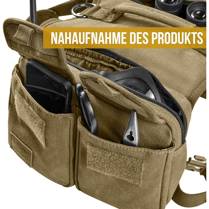 Шлейка для собак OneTigris з рюкзаком, Hoppy Camper 3.0, для кемпінгу та піших прогулянок, для середніх/великих собак, рюкзак на спину з 2 основними та 4 додатковими кишенями - Зелений (M, Коричневий)