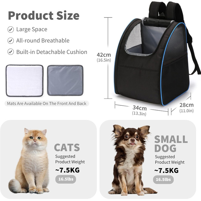 Рюкзак для кота/собаки PETCUTE: переноска-рюкзак для маленьких тварин, зручна для прогулянок, з м'якою підстилкою, зелений (чорний+блакитний)