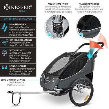 Дитячий велопричіп KESSER® 2в1 з поворотним механізмом 360° та амортизацією. Підходить для 1-2 дітей (до 40 кг). У комплекті прапор. Чорний / Антрацитовий