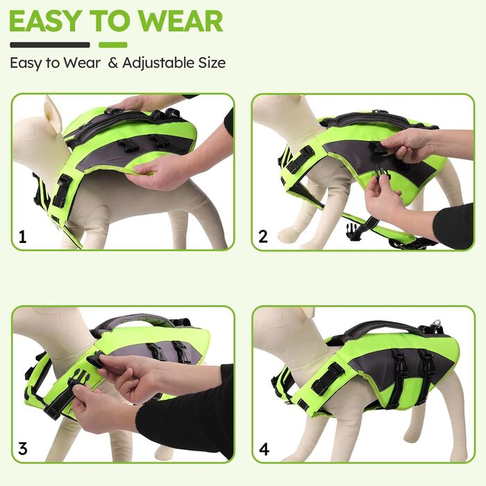 Жилет рятувальний для собак CITEKOILE з ручкою та світловідбиваючими елементами, регульований, для малих, середніх та великих собак, для водних видів спорту, плавання та катання на човні, (S, Зелений)