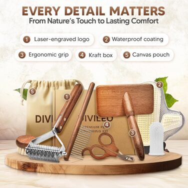 Преміум набір для догляду за шерстю з дерева - професійний набір для видалення шерсті, розплутування та стрижки нігтів для собак, котів та дрібних домашніх тварин - подарункова коробка з 10 частинами та канвасною сумкою