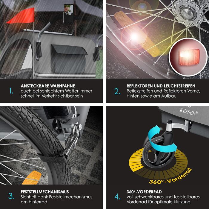 Дитячий велопричіп KESSER Sport-RX 2в1 (велосипедний/коляска) для 1-2 дітей, до 40 кг, з 5-точ. ременями безпеки, 360° обертання, тримач для напоїв та смартфона, сірий