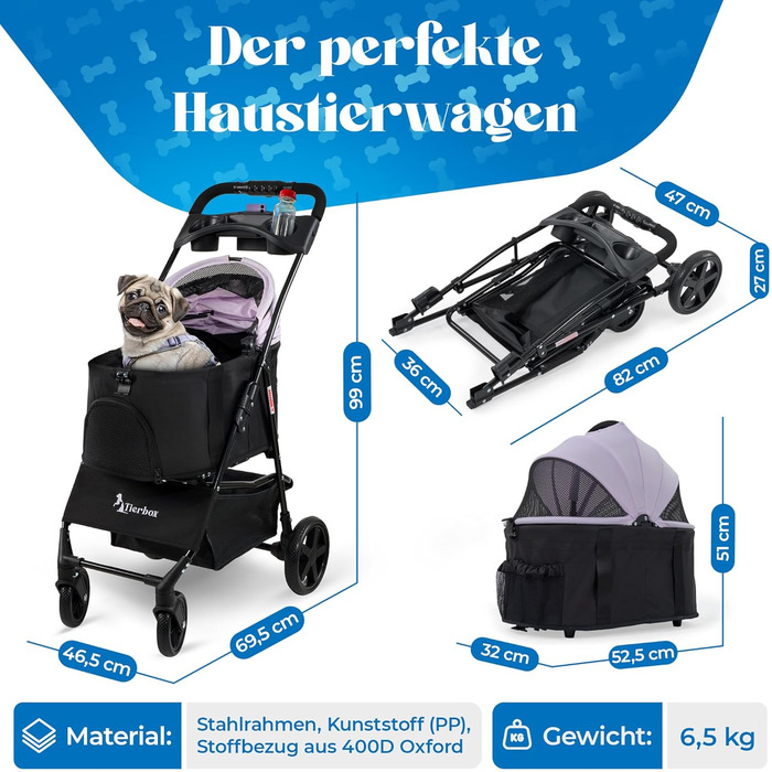 Tierbox Будь-куди: візок для собак до 10 кг, складний, для маленьких собак та котів, рожевий