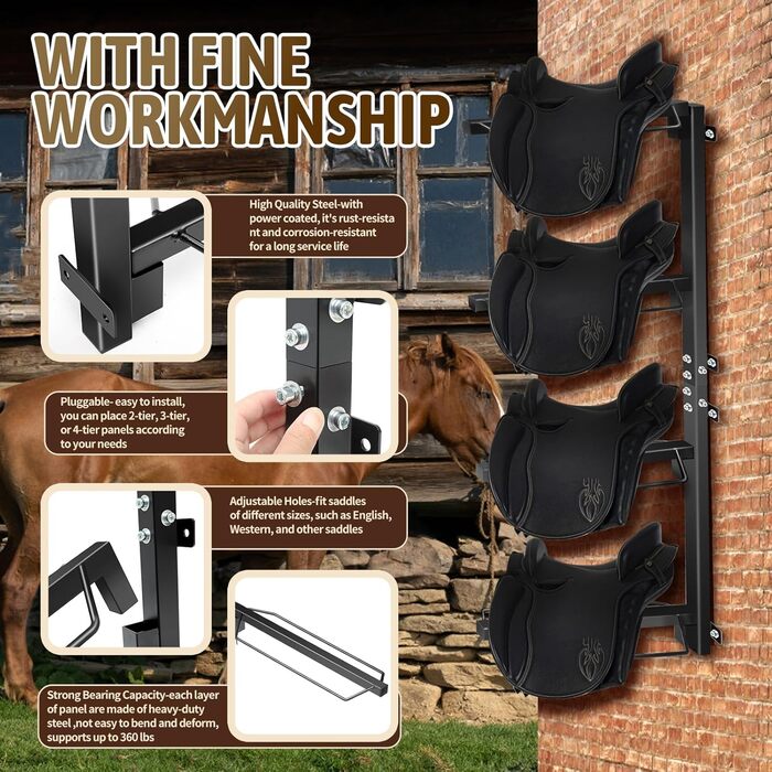 Стійка для сідел TOPTGO з 4 рівнями, настінна, для зберігання західних та англійських сідел – міцна сталева стійка, витримує до 136 кг, для збруї, підкладки, аксесуарів тощо