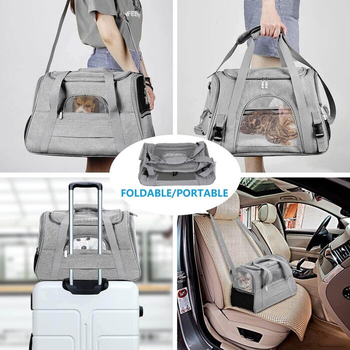 Транспортна переноска для собак та котів, складна, з м'якою підстилкою (сіра)