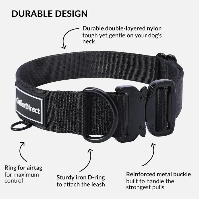 Міцний нашийник для собак великих та середніх порід – регульований, двошаровий нейлон, металева застібка, стійкий до розривів, ідеальний для активних собак (Чорний, Великий (38-58 см))
