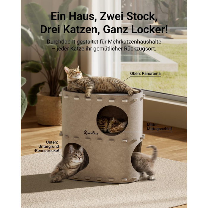 Будиночок-печеринка для котів DownyPaws з фетру, 2-ярусне ліжко для котів, 50 x 33 x 50 см, затишний дизайн, захист кігтів, бежевий