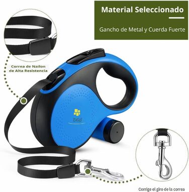 Висувна собача шлейка, 3 м, для собак маленьких, середніх та великих порід, ергономічна ручка, до 15 кг, колір блакитний, розмір L