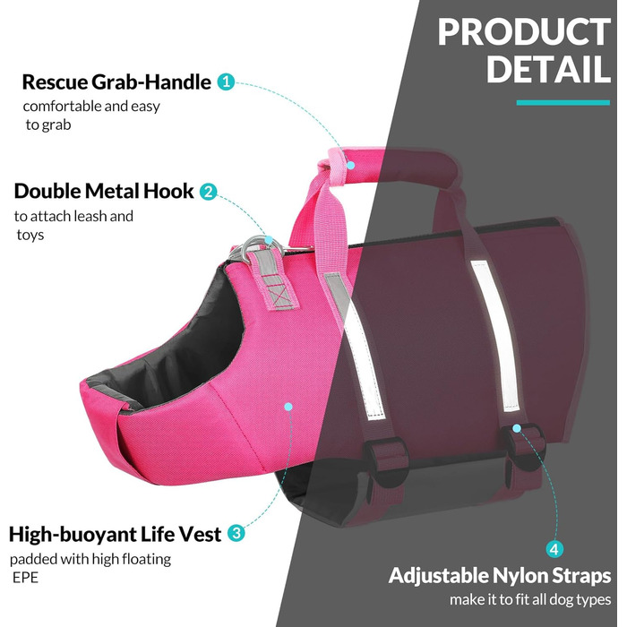 Жилет для плавання собак Queenmore XL, рятувальний жилет для собак, жилет для собак, плавання, човнові прогулянки, для цуценят, легкий, регульований, світловідбиваючий, з задньою блискавкою, рятувальний ручка, X-Large, фуксія
