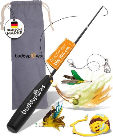 BuddyPaws® Паличка-пір'їна для котів Stabil – Інтерактивна іграшка з 4 пір'ями та котячою м'ятою, висувна 42-104 см, гнучка, з запасним шнуром, аксесуари для котів