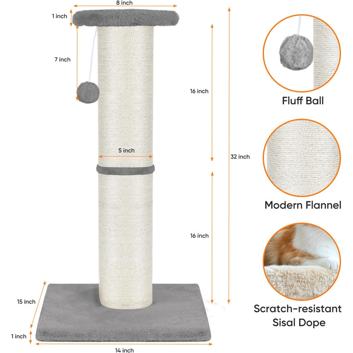 Кігтеточка для котів PAWSCRAT, 81.3 см, великий діаметр, сизаль, з м'ячиком, стійка до подряпин, довговічна, для дому, захист меблів, сірий
