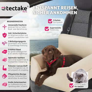 Автокрісло для собак tectake® бежеве, сидіння для собак на заднє або переднє сидіння, підвищене, з ременем безпеки, дорожнє ліжко для собак
