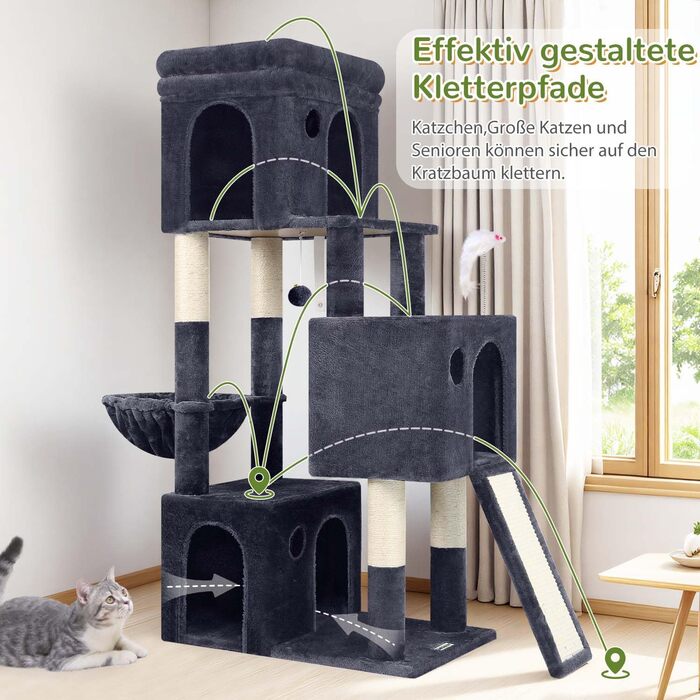Дерево-кіготь Globlazer для котів на 2-4 котів з великою печерею, м'яким гніздечком, сходами з сизалю, іграшками, стабільним дизайном, висотою 133 см (XL, темно-сірий)