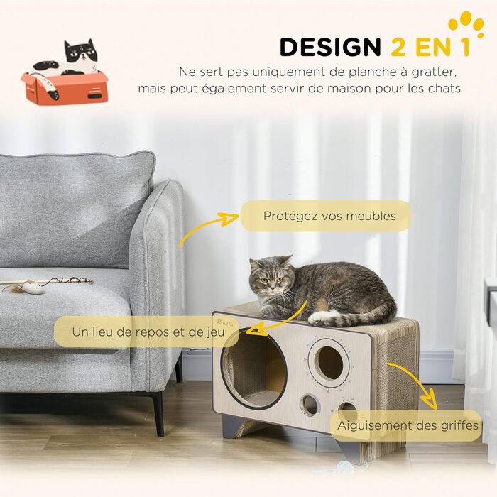 Радіоподібний кігтеточильний комплекс для котів PawHut з котячою м'ятою, 2-в-1 дім з гофрокартону, 57 x 24,5 x 39 см