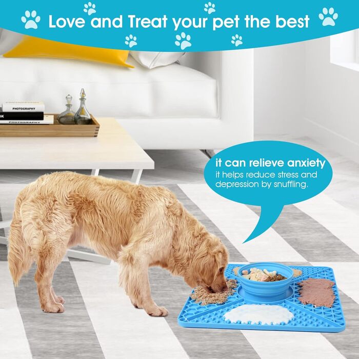 Лежак-лежак для собак VOOWO 2-в-1, миска для повільного годування, миска для їжі та води, силіконовий килимок для собак з присосками, великі та середні породи, блакитний