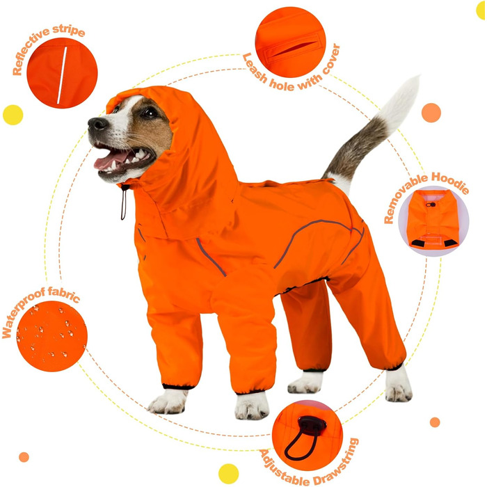 Водонепроникний дощовик для собак Adnikia з капюшоном, регульованими ніжками та отвором для повідка, з відбиваючими смугами, для холодної погоди, M, Оранжевий/Червоний (Zickzackmuster - Sunset Chevron)