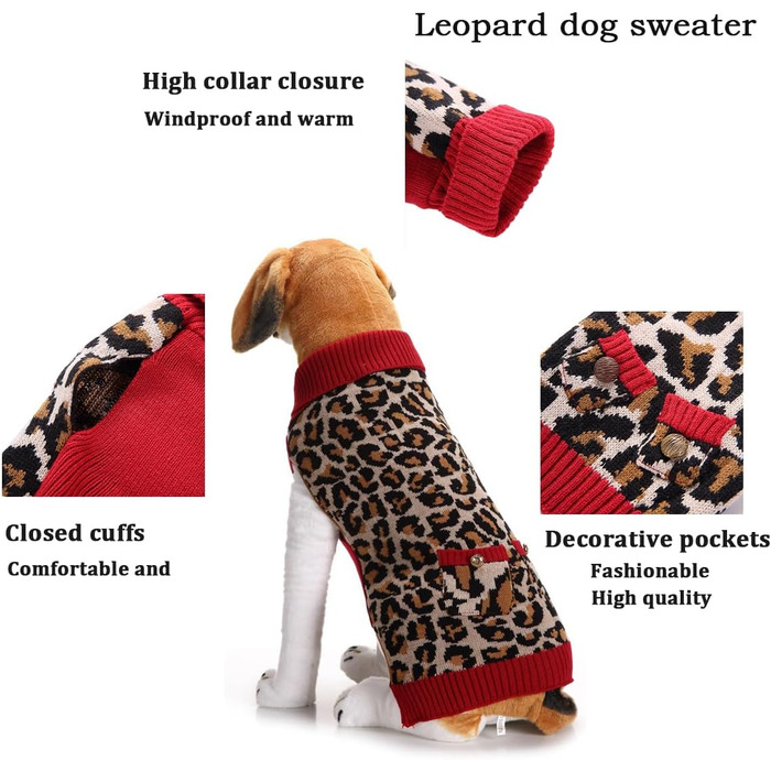 Пуловер для собак Класичний леопардовий принт, тепла куртка для собак на осінь/зиму, розмір XL