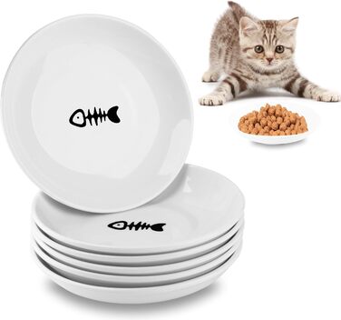 Набір мисок для котів CROUTE (6 шт.) - керамічні, плоскі, анти-високочування, білий (візерунок 'Рибка')