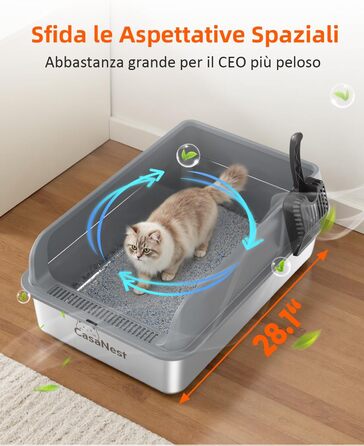 Сміттєве відро CasaNest для котів з нержавіючої сталі, XXXL, велике, антивитік, антиприлипання, темно-сірий