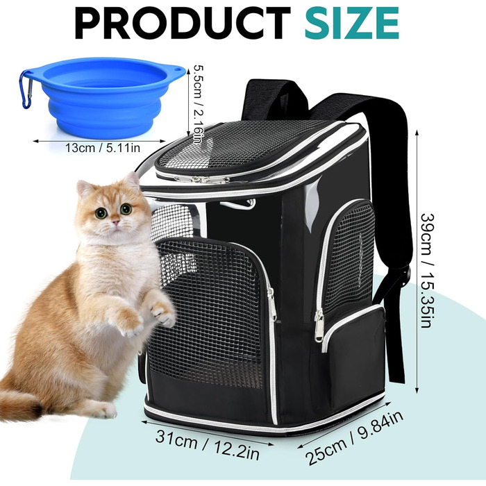 Рюкзак для тварин: переноска для собак та котів, до 9 кг, з сіткою та мискою, чорний