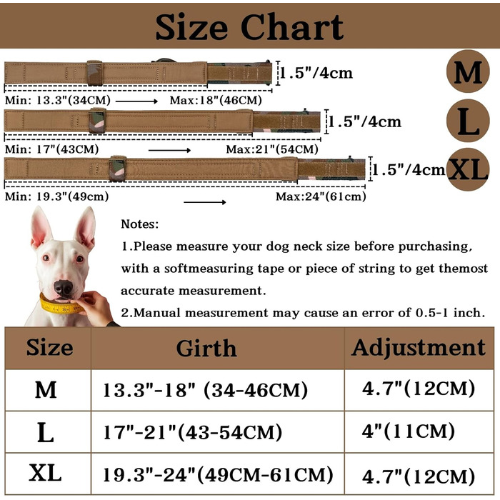 Нашийник для собак регульований з контролем, тактичний нашийник з нейлону, з м'якою підкладкою, з металевою застібкою, для середніх та великих собак, для полювання, тренувань, активного відпочинку, чорний, розмір L (45-54 см)