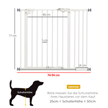 PawHut Door Gate Gate, Шлагбаум, 74-80/87-94 см, Сходові ворота для домашньої тварини, Ворота для собаки в т.ч. різні надставки, Захисні ворота без свердління, Метал, Пластик, Білий | Аосом