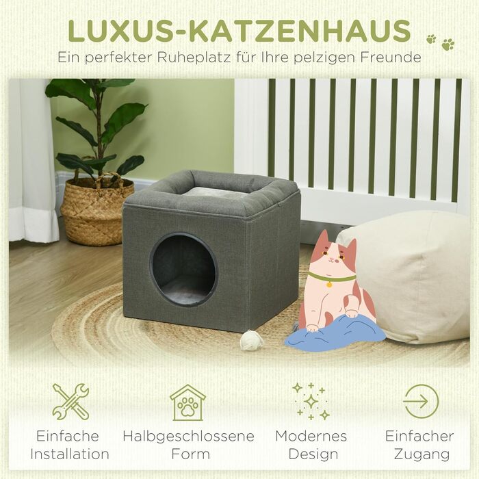 Будиночок для котів PawHut, двоярусний, з подушкою, котяча хатинка для котів до 5 кг, 36,5×36,5×33 см, зелений